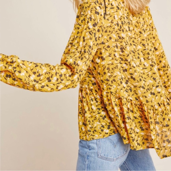 🥳HP🥳 Anthropologie Cheyenne Yellow Gold Floral Peplum Swing Boho Blouse - Picture 4 of 13